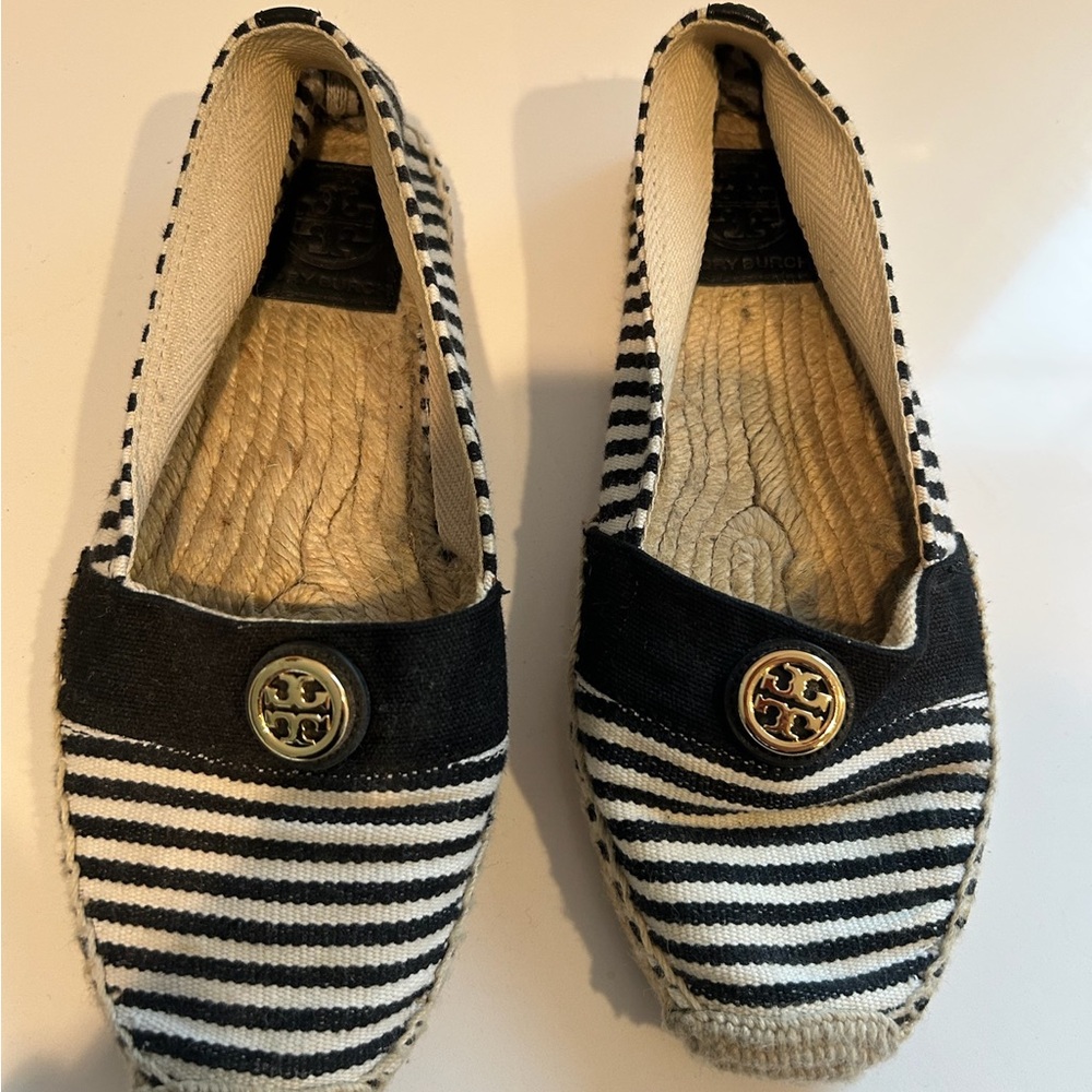 Tory Burch Black and White Striped Espadrilles